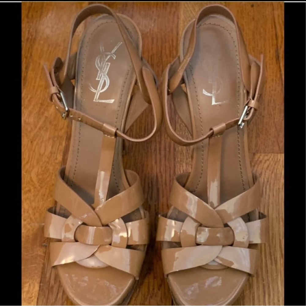 Yves Saint Laurent Rive Gauche Tan Patent Leather Tribute Sandals